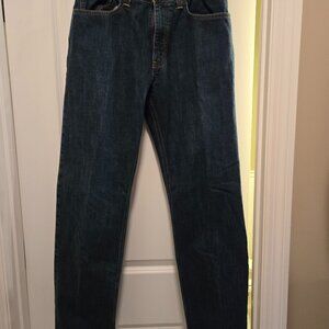 Men's new Eddie Bauer flannel lined blue jeans, 32 x 32, 5 pockets, relaxed fit